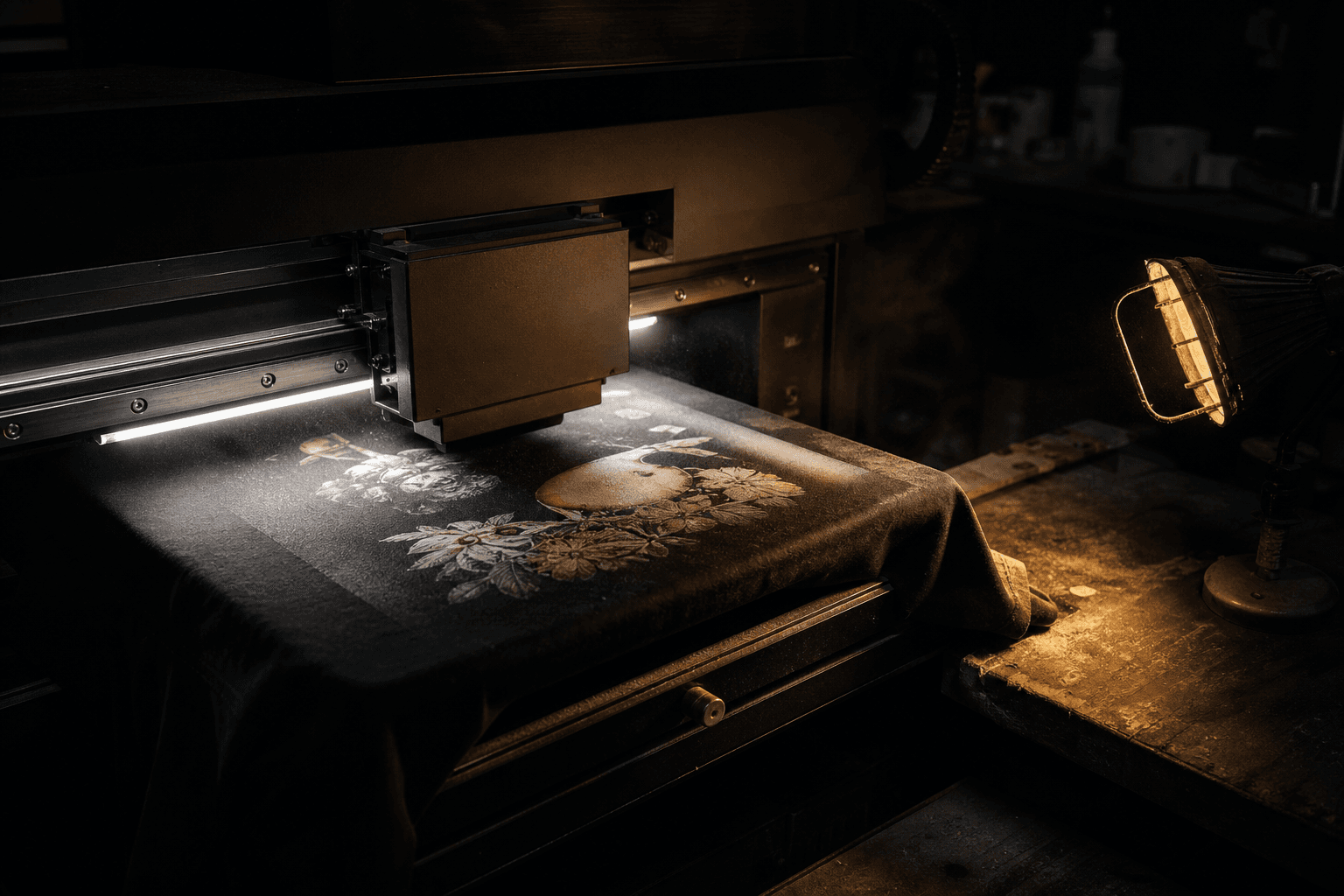 A printer head laying full-colour ink onto a black shirt in a dark workshop