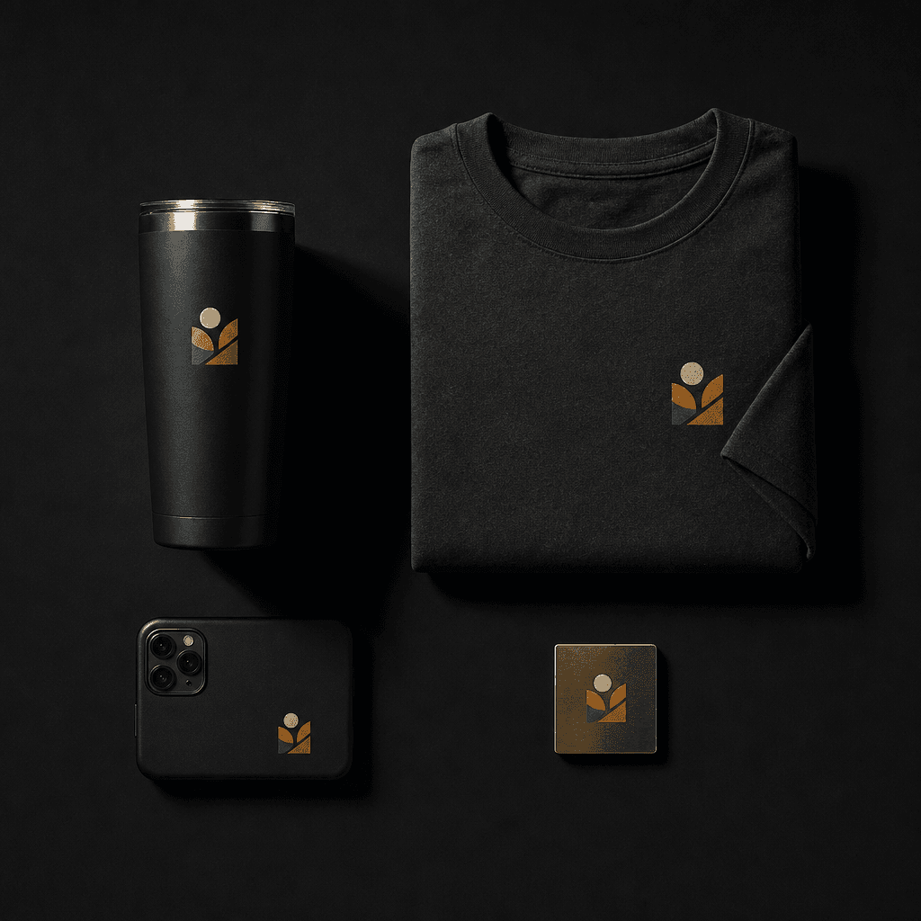 A tumbler, a folded tee, a phone case and a metal plaque, each printed with the same full-colour logo