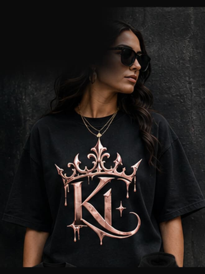 A woman wearing the Royal Curve tee in black, the rose gold crown across the chest