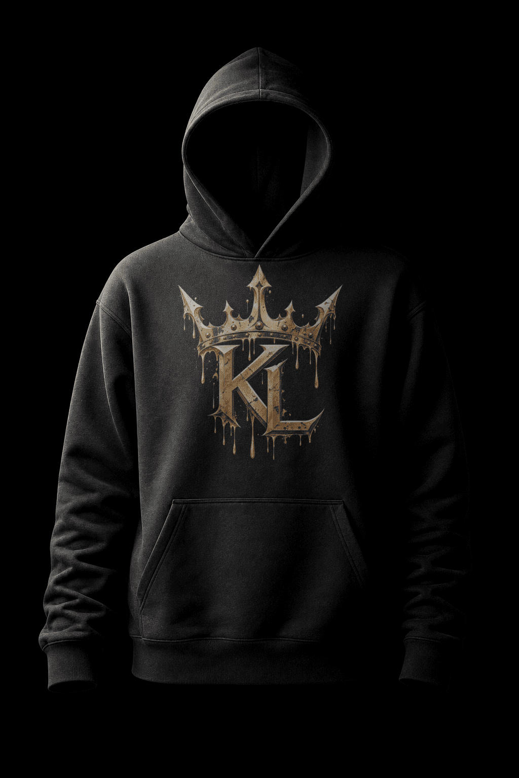 The Crown Drip hoodie: a black hoodie printed with the gold KL melting-crown mark