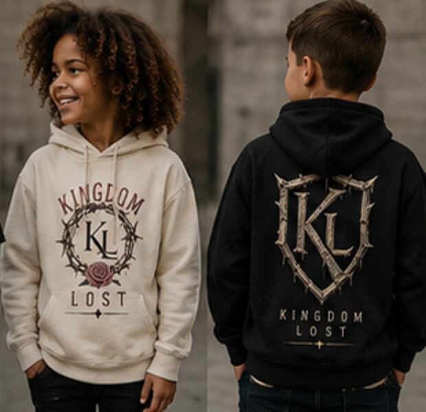 A girl in the bone Thorns and Grace hoodie beside a boy in the black Shield of Nothing hoodie
